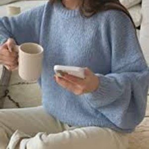 Blue Drop Shoulder Ribbed Knit Sweater - SHEIN